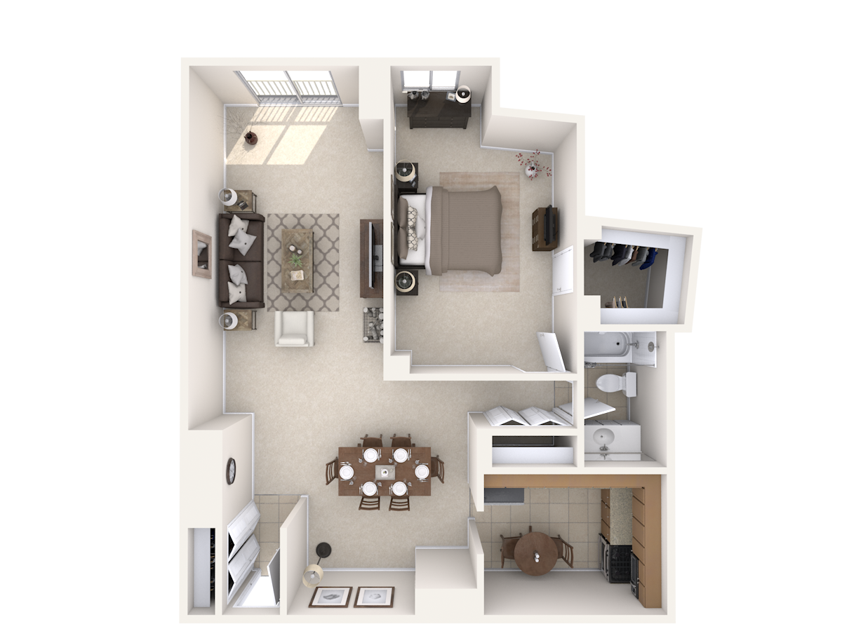 Floor plan for 1 bed, 1 bath, 1023 sqft