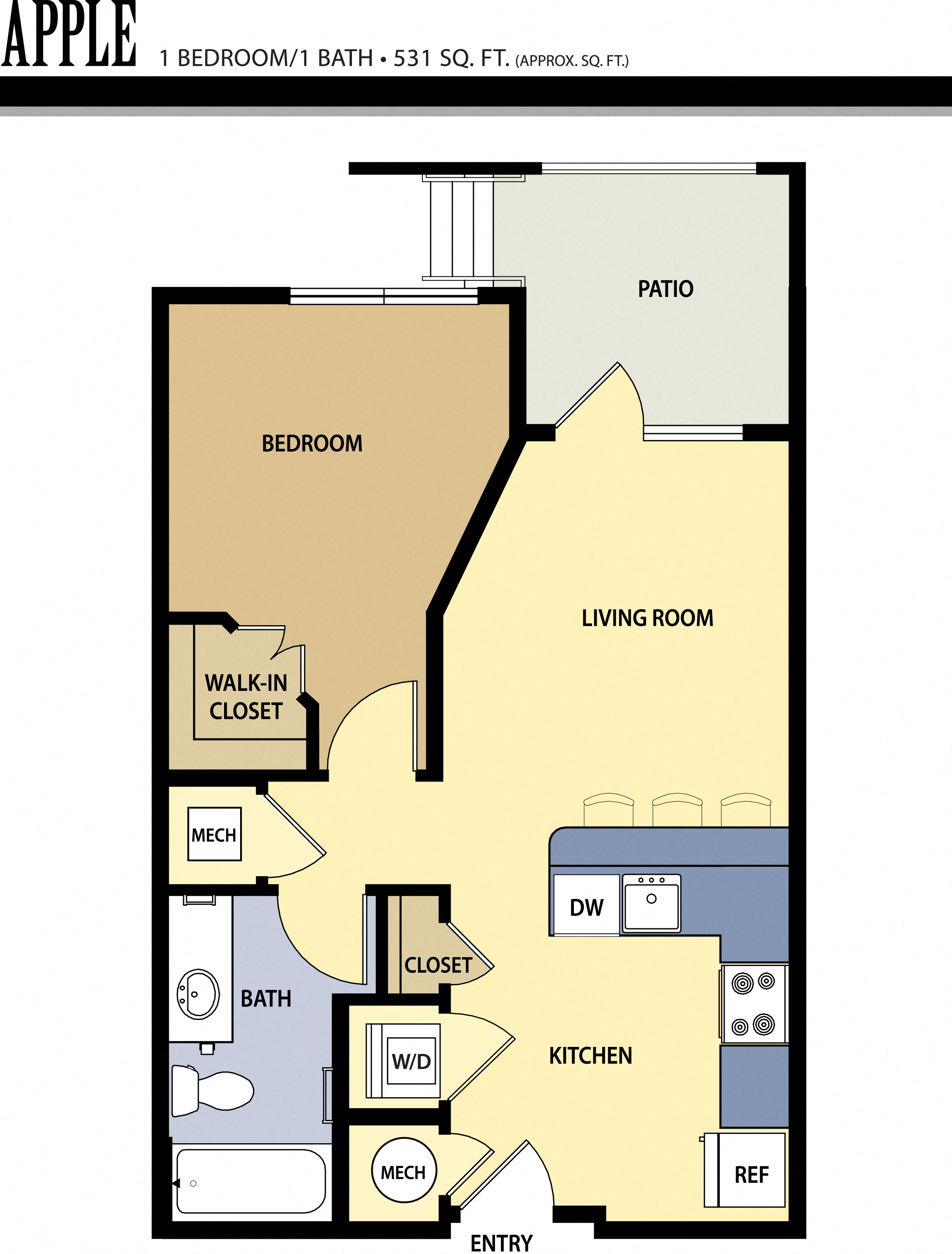Floor plan for 1 bed, 1 bath, 531 sqft