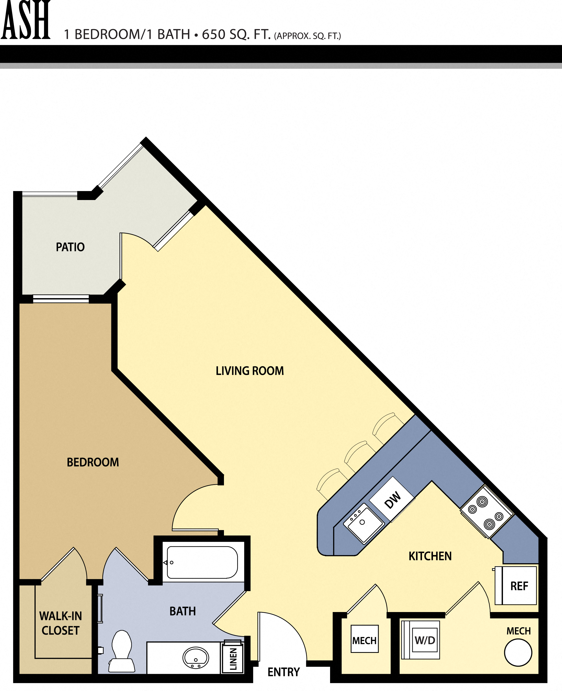 Floor plan for 1 bed, 1 bath, 654 sqft