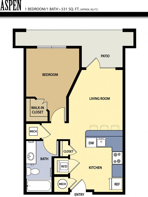 Floor plan for 1 bed, 1 bath, 531 sqft