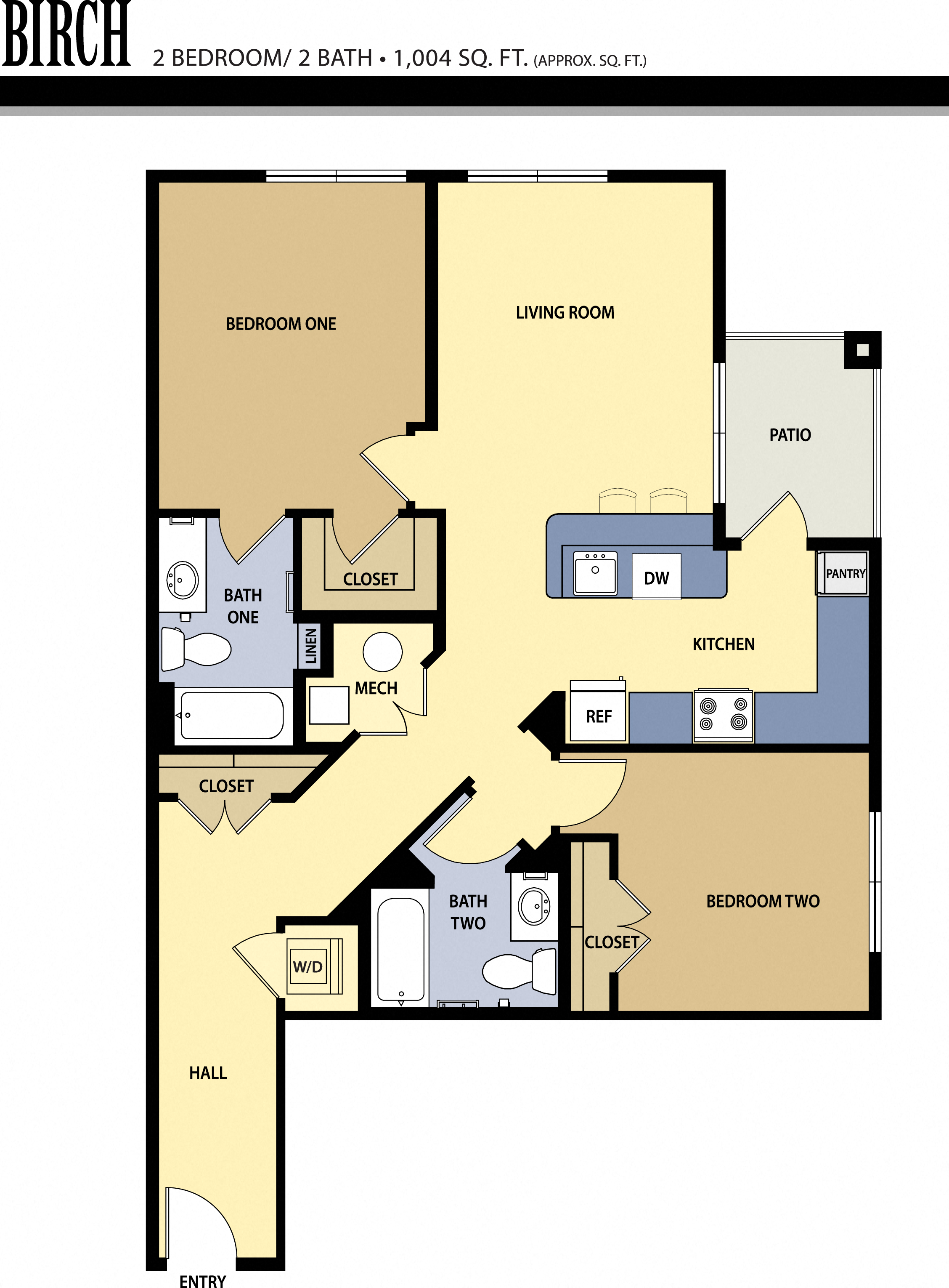 Floor plan for 2 beds, 2 baths, 1004 sqft