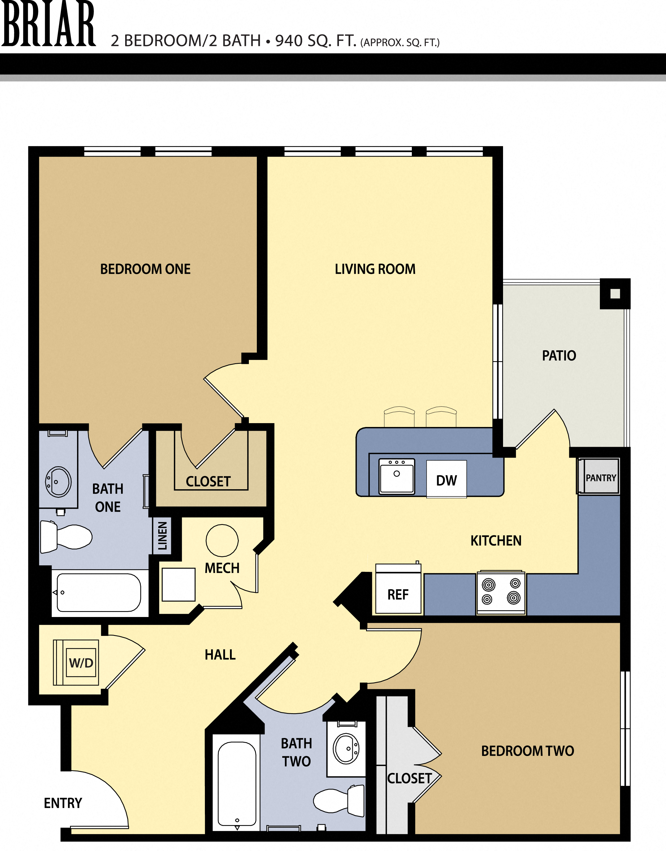 Floor plan for 2 beds, 2 baths, 940 sqft