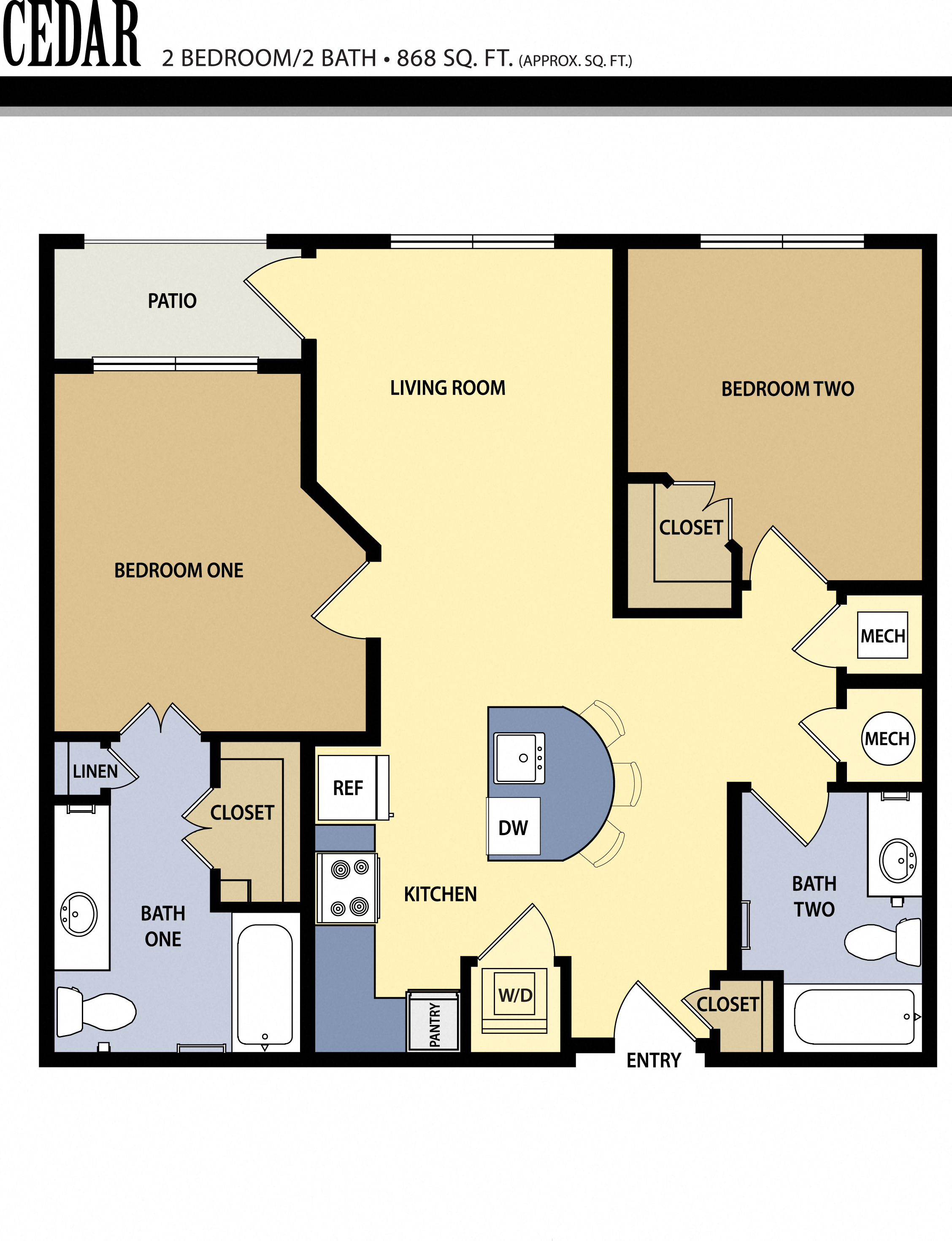 Floor plan for 2 beds, 2 baths, 868 sqft