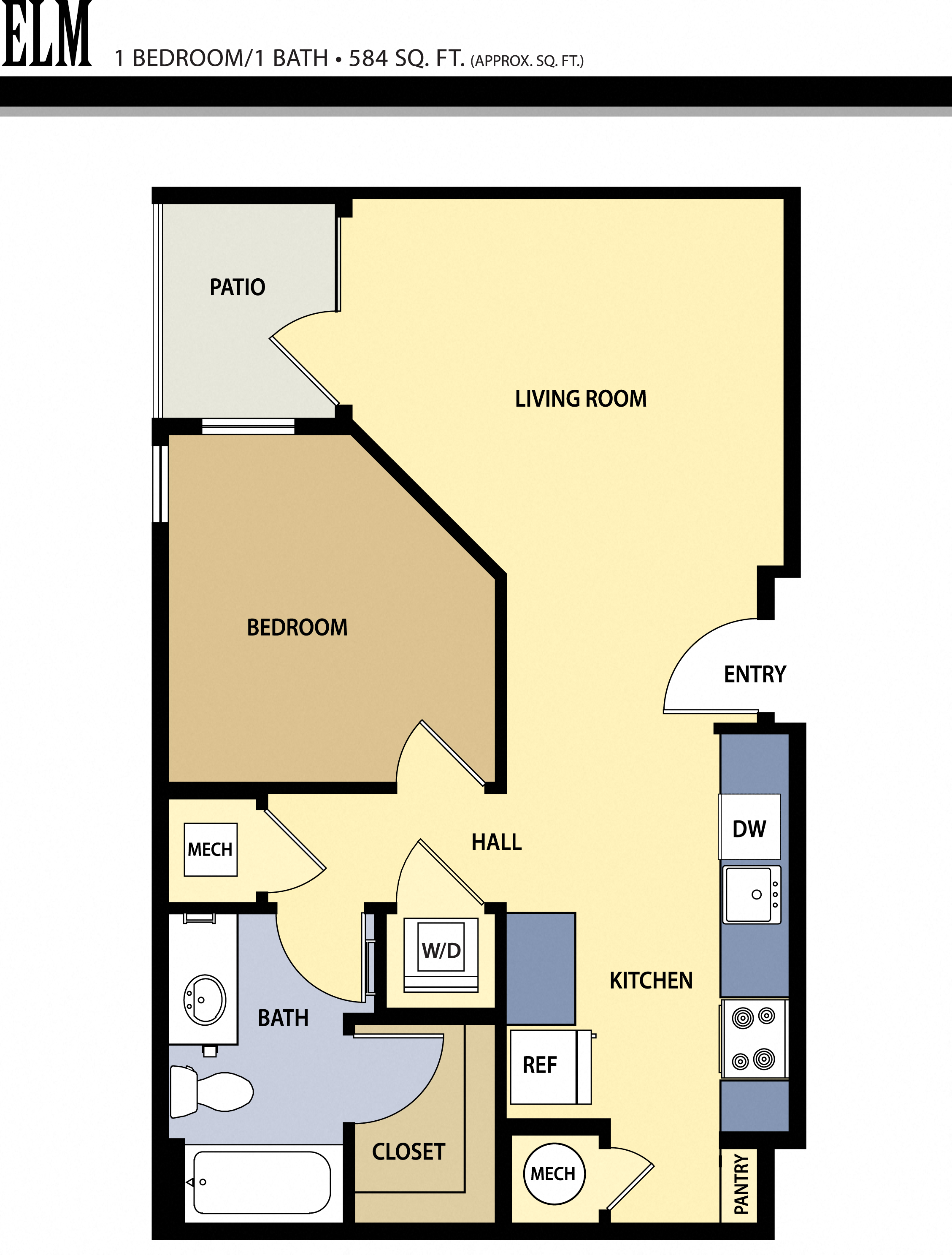 Floor plan for 1 bed, 1 bath, 584 sqft