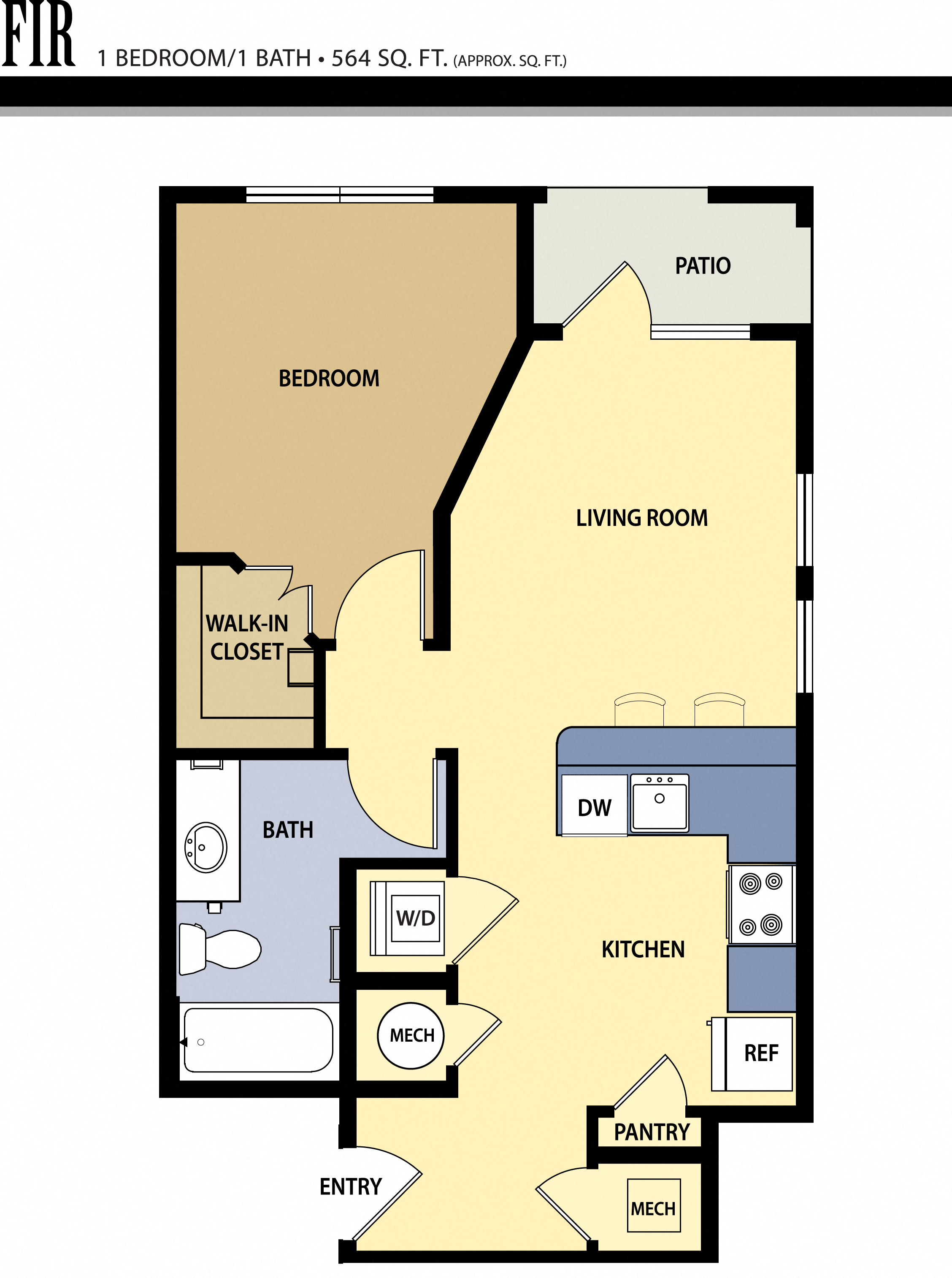 Floor plan for 1 bed, 1 bath, 564 sqft