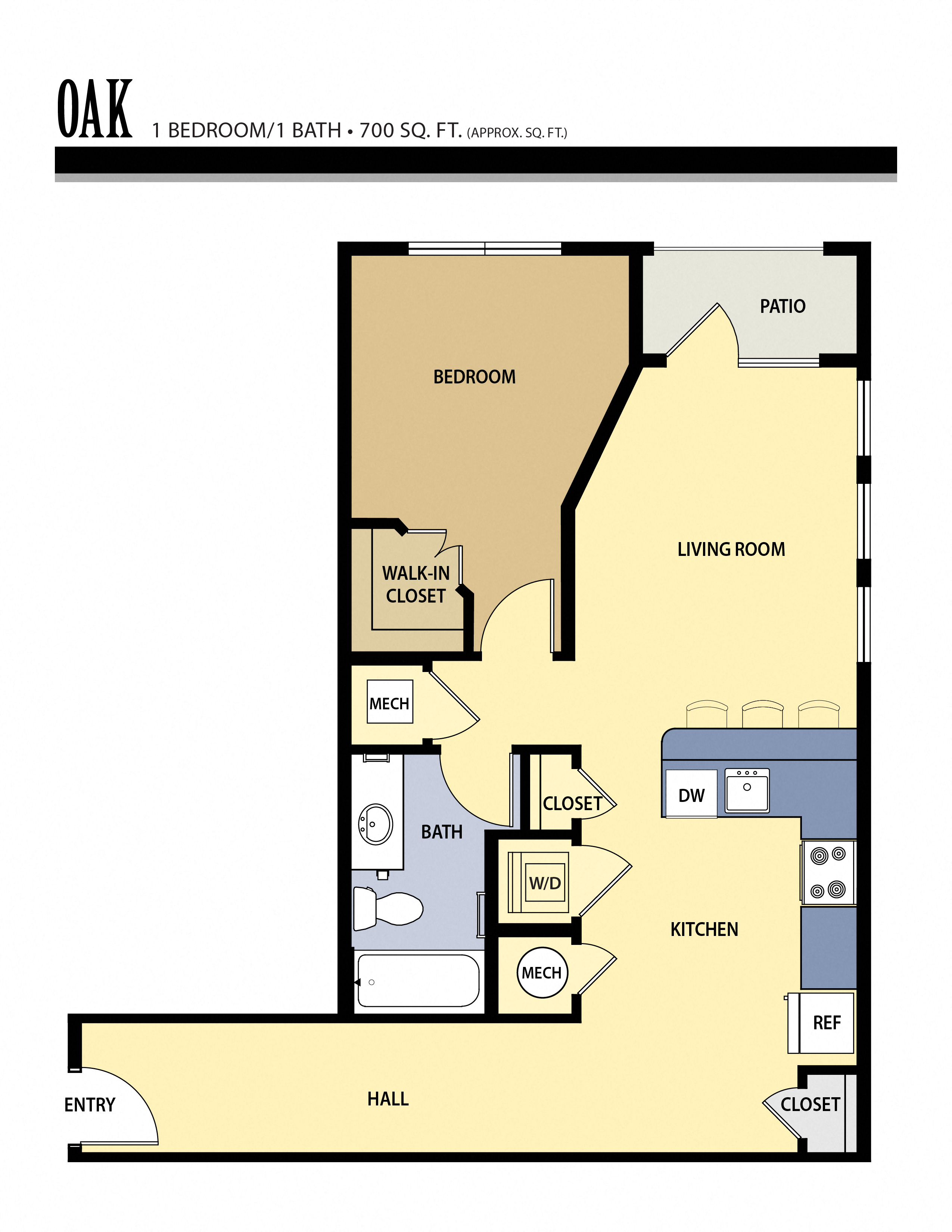 Floor plan for 1 bed, 1 bath, 700 sqft
