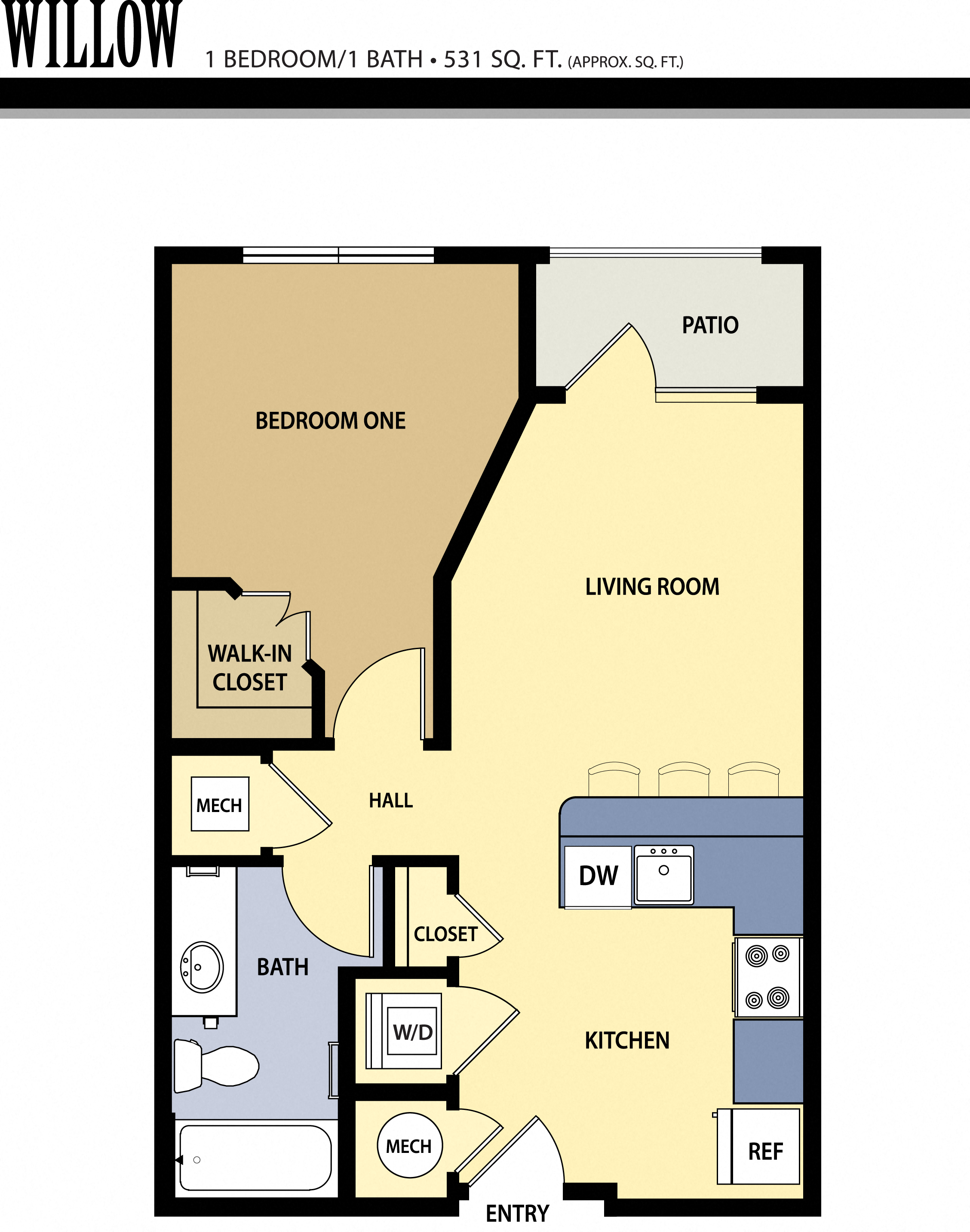 Floor plan for 1 bed, 1 bath, 531 sqft