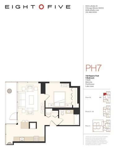 Floor plan for 1 bed, 1 bath, 722 sqft