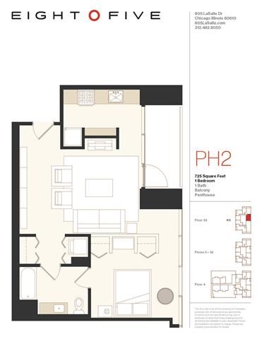 Floor plan for 1 bed, 1 bath, 725 sqft