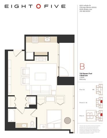 Floor plan for 1 bed, 1 bath, 725 sqft