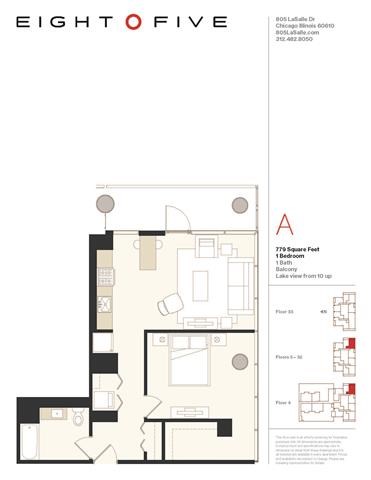 Floor plan for 1 bed, 1 bath, 779 sqft
