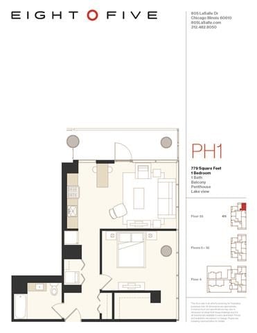 Floor plan for 1 bed, 1 bath, 779 sqft