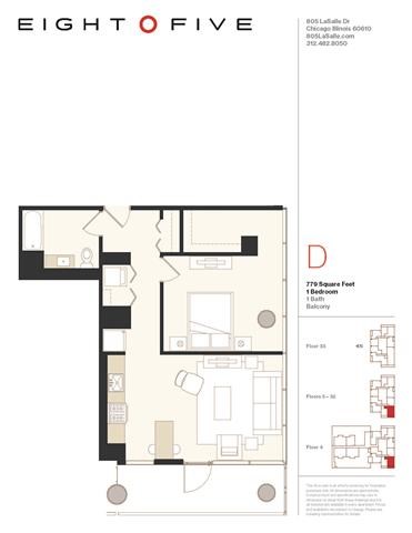 Floor plan for 1 bed, 1 bath, 779 sqft
