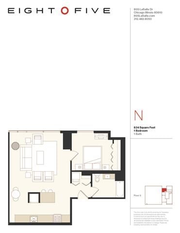 Floor plan for 1 bed, 1 bath, 834 sqft