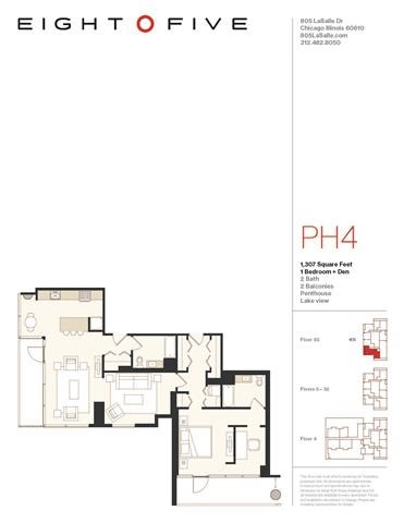 Floor plan for 1 bed, 2 baths, 1307 sqft