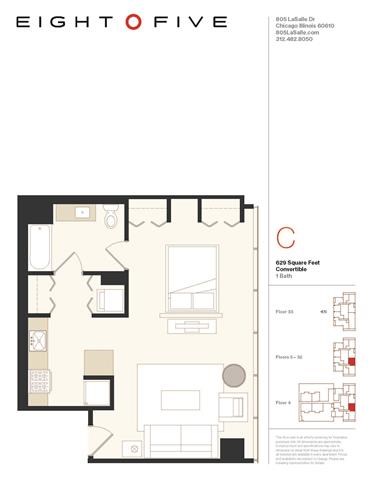 Floor plan for studio, 1 bath, 629 sqft