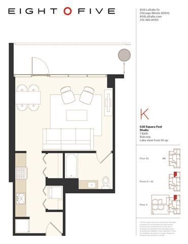Floor plan for studio, 1 bath, 538 sqft
