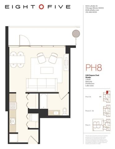 Floor plan for studio, 1 bath, 538 sqft