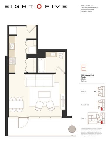 Floor plan for studio, 1 bath, 538 sqft