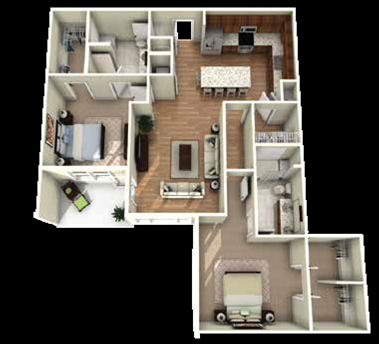 Floor plan for 2 beds, 2 baths, 1331 sqft
