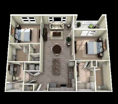 Floor plan for 2 beds, 2 baths, 1121 sqft