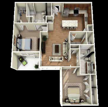 Floor plan for 2 beds, 2 baths, 1331 sqft
