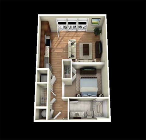 Floor plan for studio, 1 bath, 601 sqft