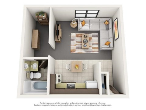 Floor plan for studio, 1 bath, 400 sqft