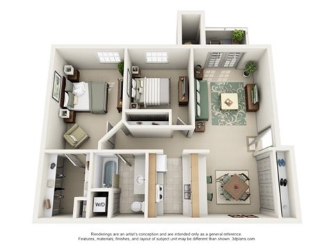 Floor plan for 2 beds, 1 bath, 947 sqft