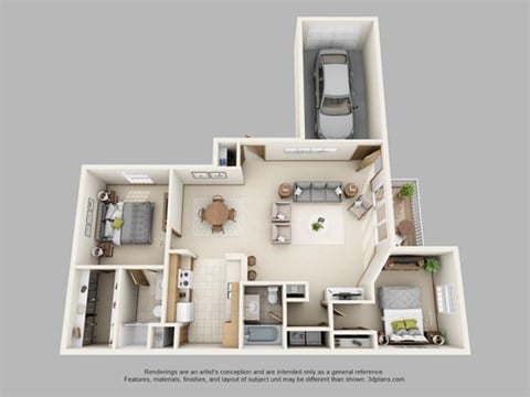 Floor plan for 2 beds, 2 baths, 1085 sqft
