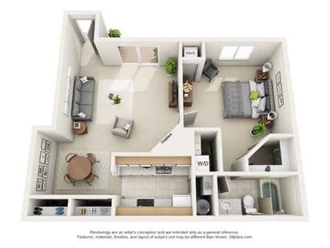 Floor plan for 1 bed, 1 bath, 915 sqft