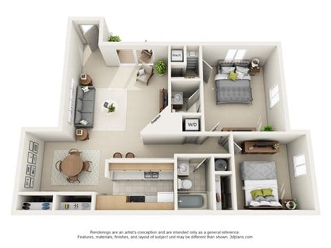 Floor plan for 2 beds, 1.5 baths, 1060 sqft