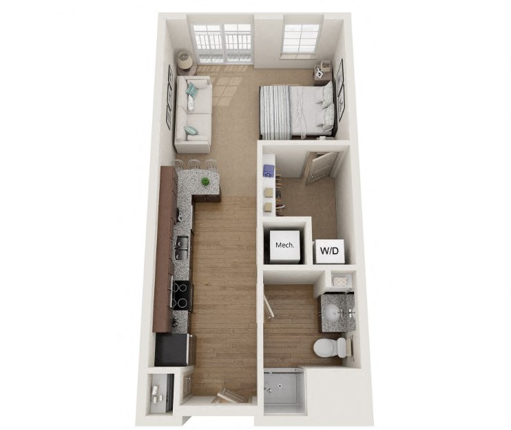 Floor plan for studio, 1 bath, 525 sqft
