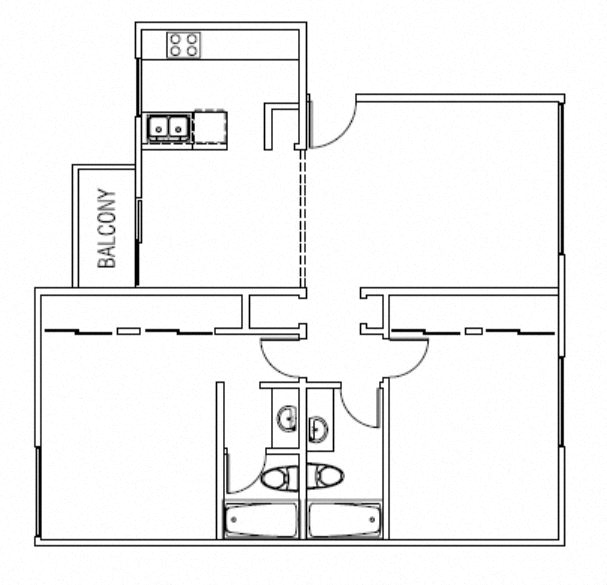 Floor plan for 2 beds, 2 baths, 979 sqft