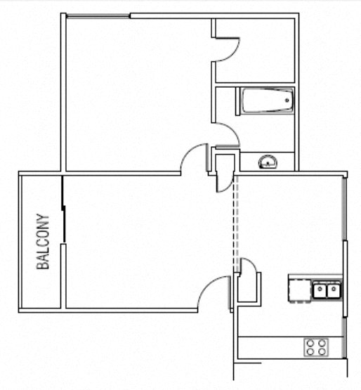 Floor plan for 1 bed, 1 bath, 725 sqft