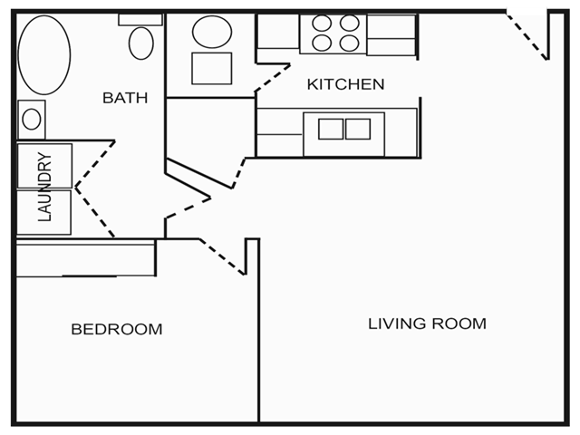 Floor plan for 1 bed, 1 bath, 783 sqft