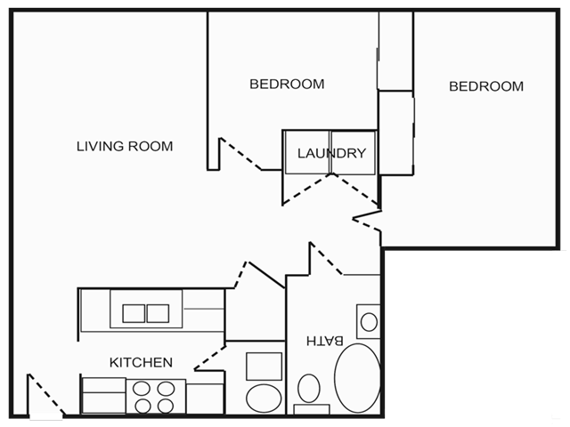 Floor plan for 2 beds, 1 bath, 923 sqft