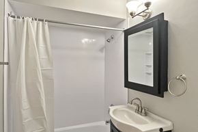 Oak Park apartment for rent - A white sink in a bathroom with a mirror above it.