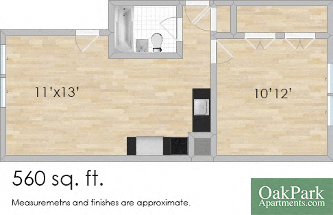 Floor plan for 1 bed, 1 bath, 560 sqft