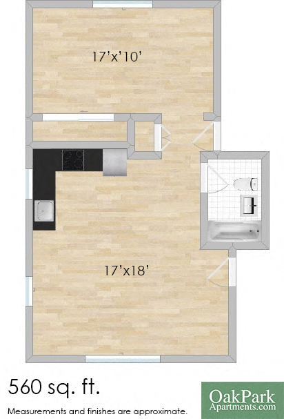 Floor plan for 1 bed, 1 bath, 560 sqft