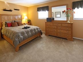 Baltimore apartment for rent - A bedroom with a bed, dresser, and mirror.