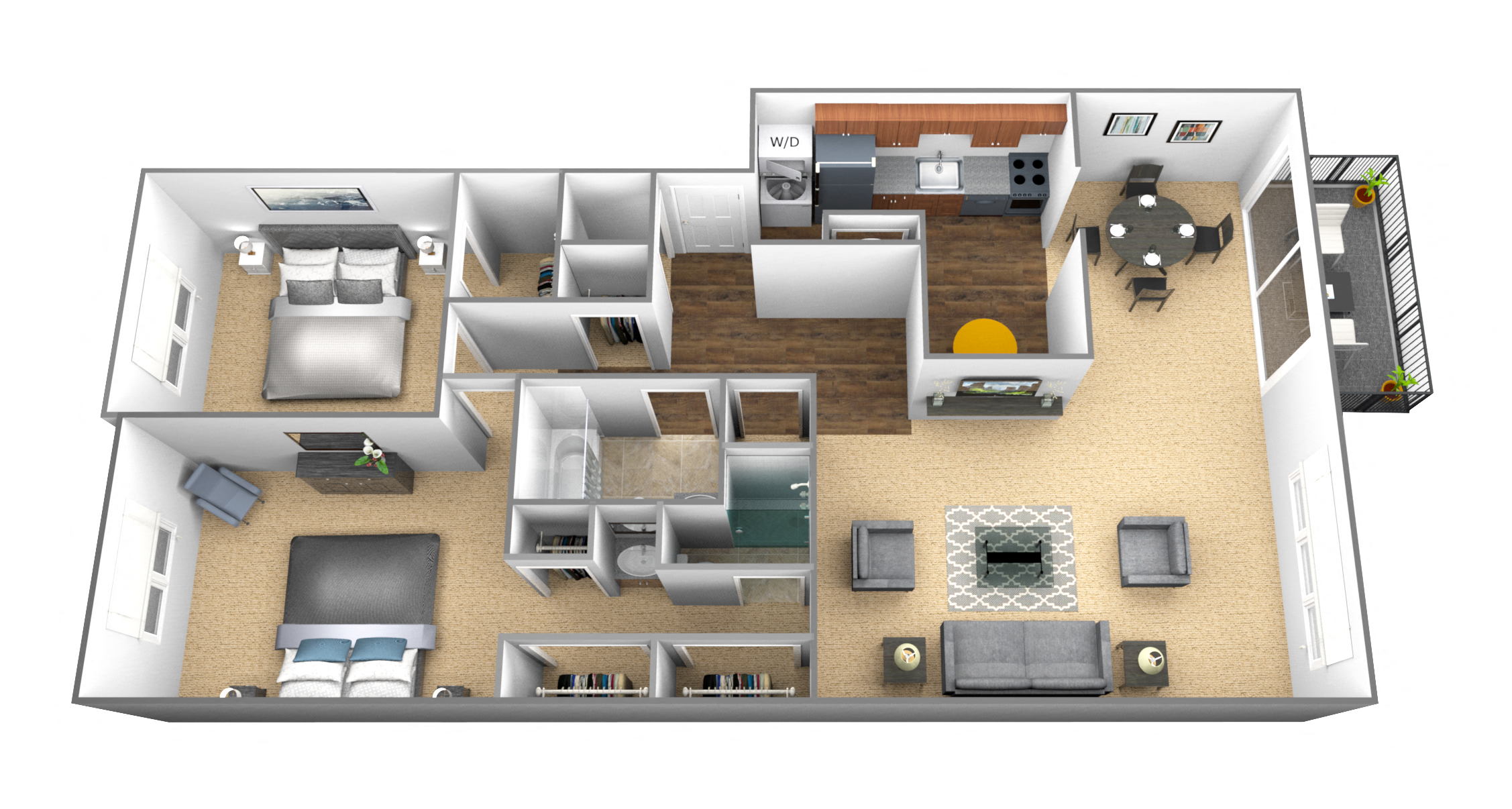 Floor plan for 2 beds, 2 baths, 1244 sqft