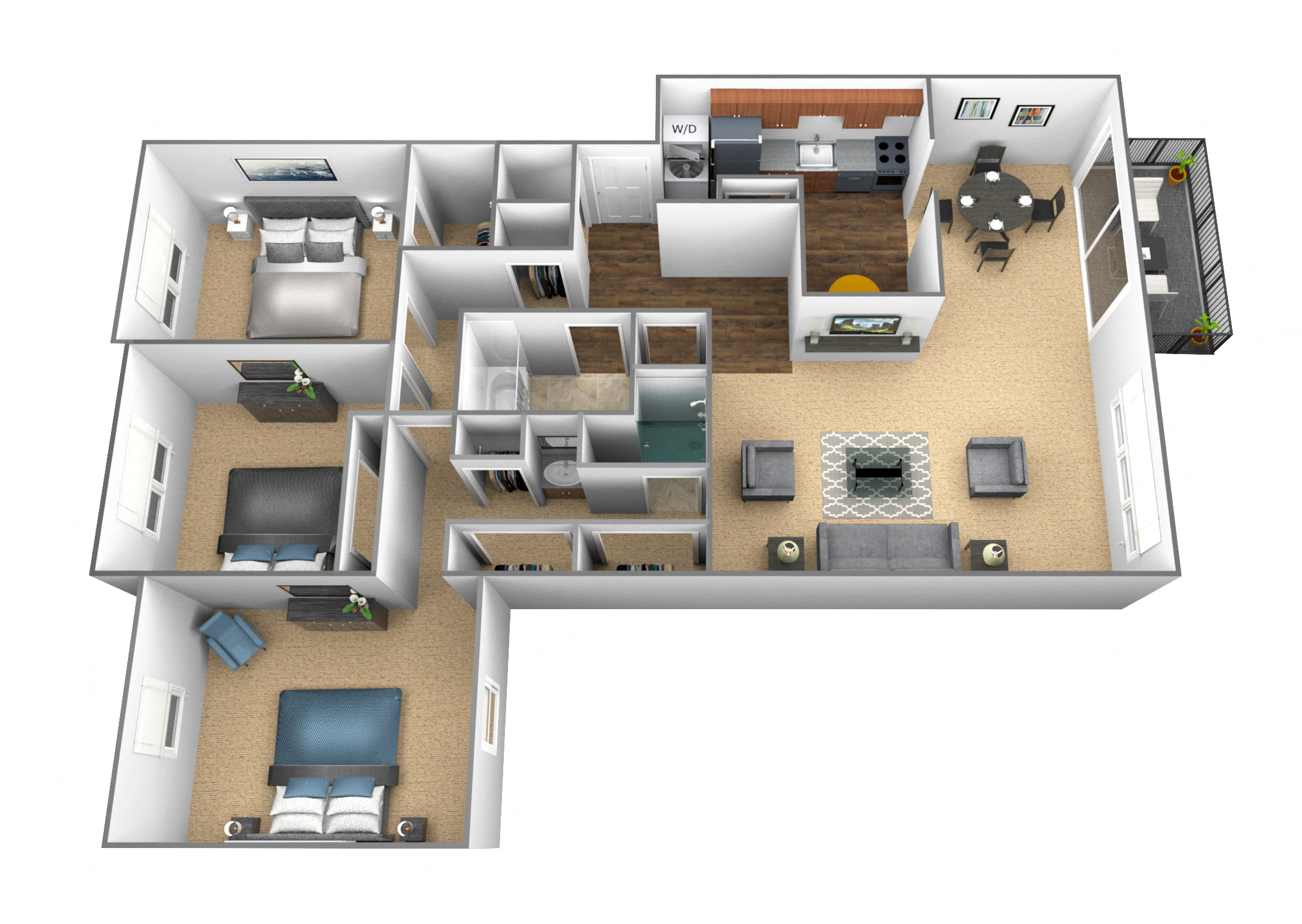 Floor plan for 3 beds, 2 baths, 1448 sqft