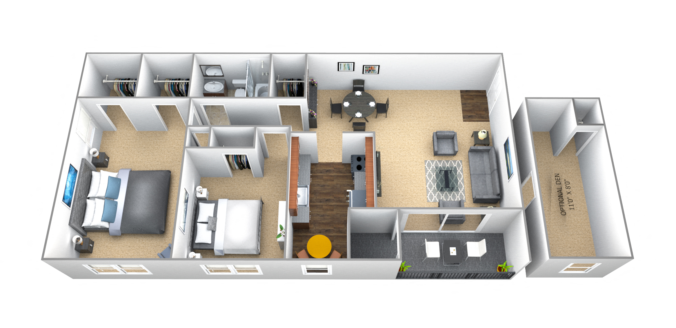Floor plan for 2 beds, 1 bath, 930 sqft