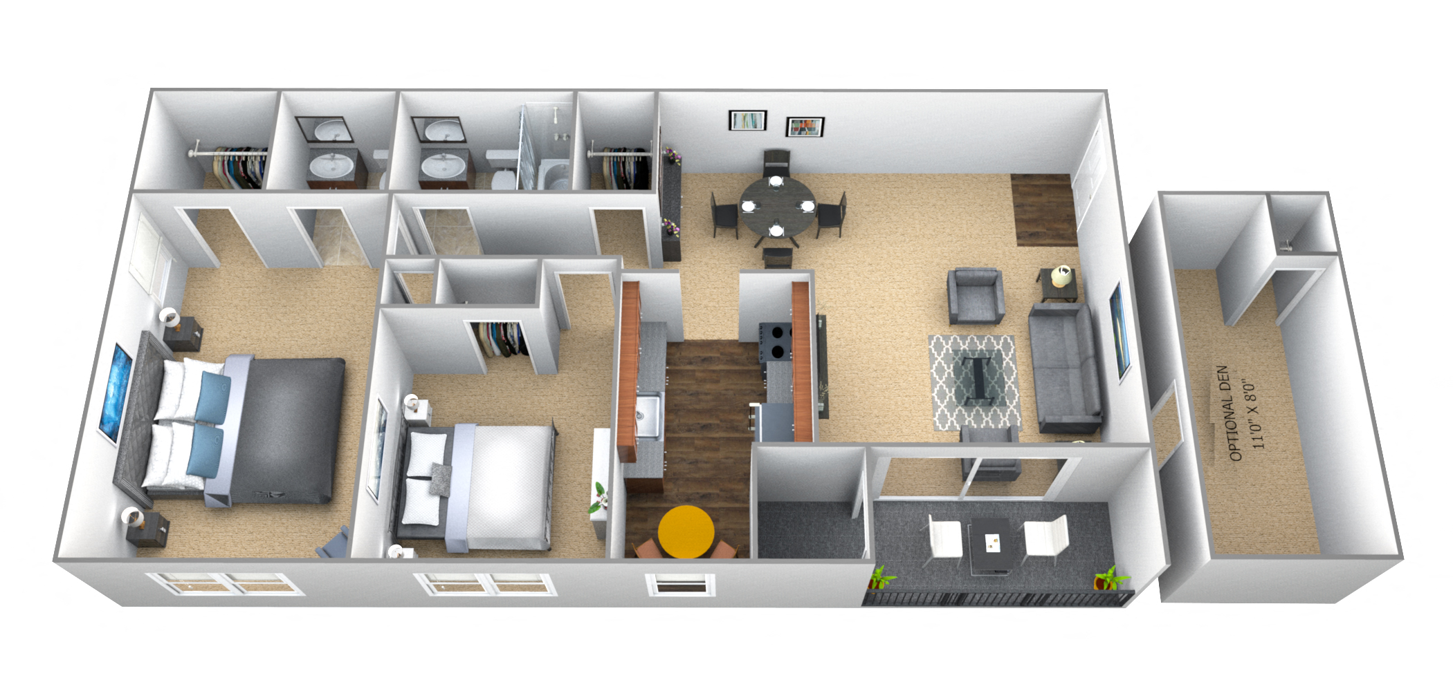Floor plan for 2 beds, 1.5 baths, 930 sqft