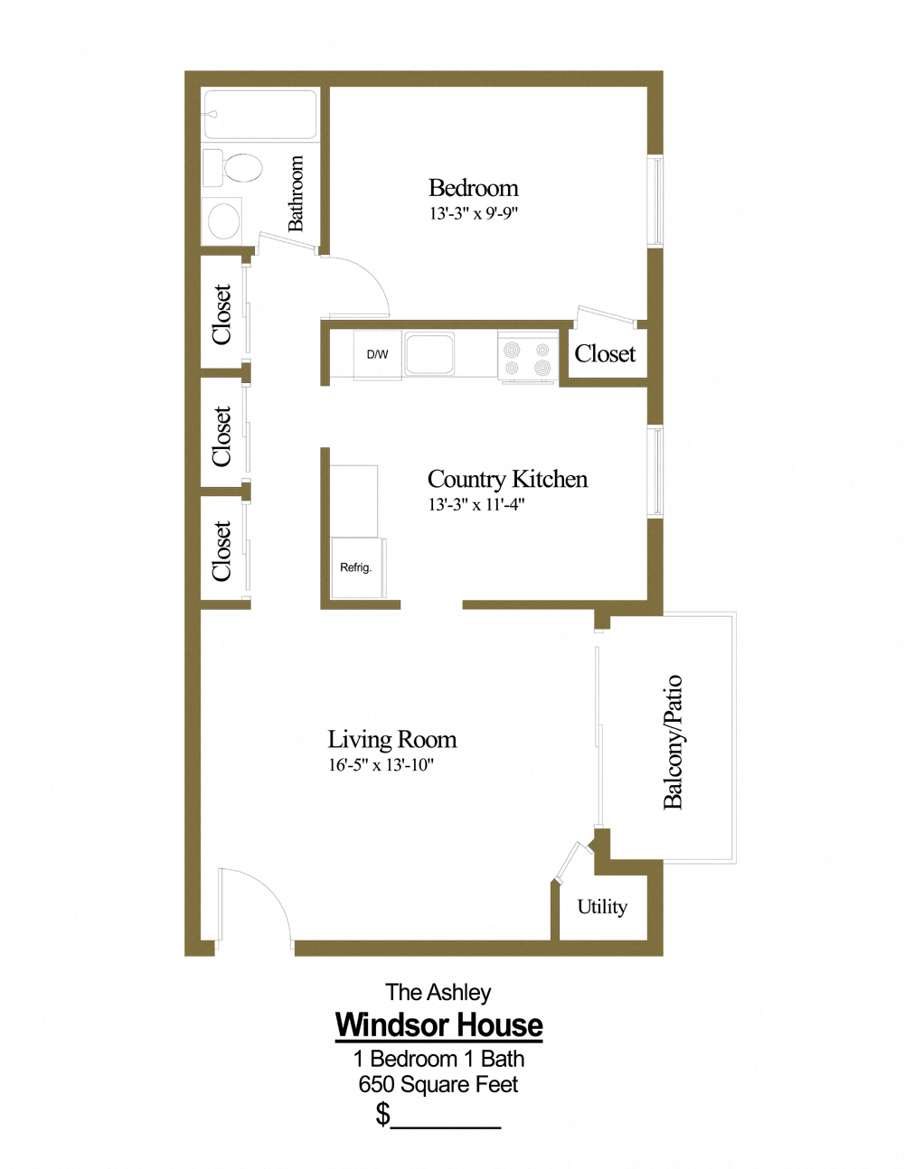 Floor plan for 1 bed, 1 bath, 650 sqft