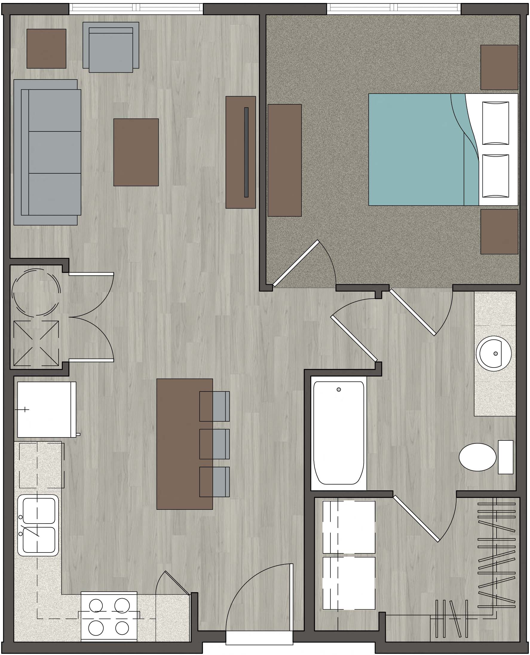 Floor plan for 1 bed, 1 bath, 666 sqft