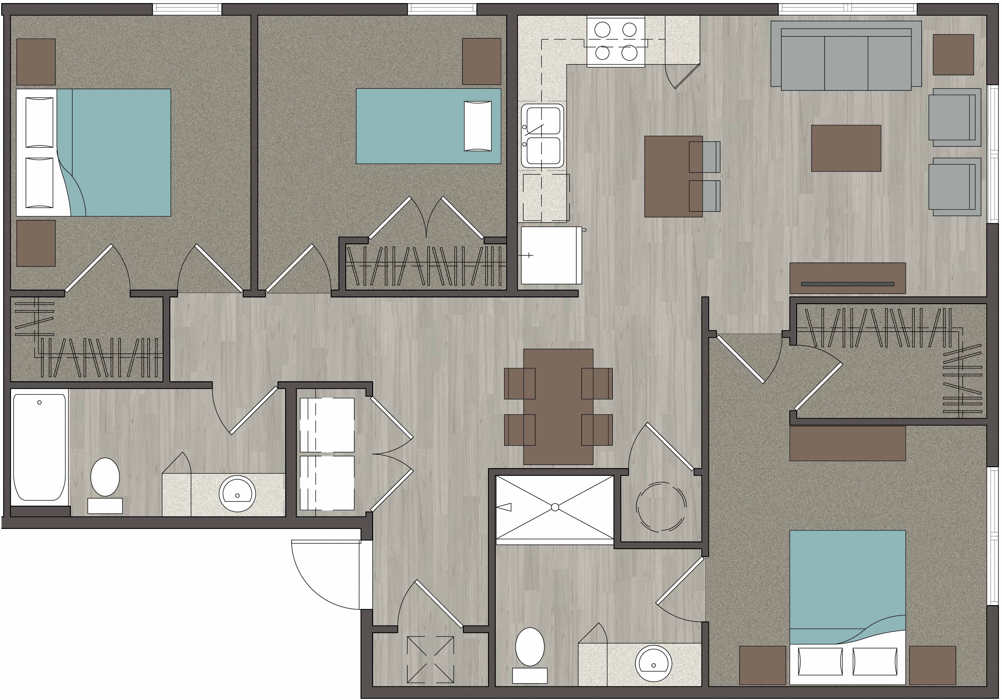 Floor plan for 3 beds, 2 baths, 1176 sqft