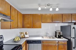 Denver apartment for rent - a kitchen with wooden cabinets and a sink