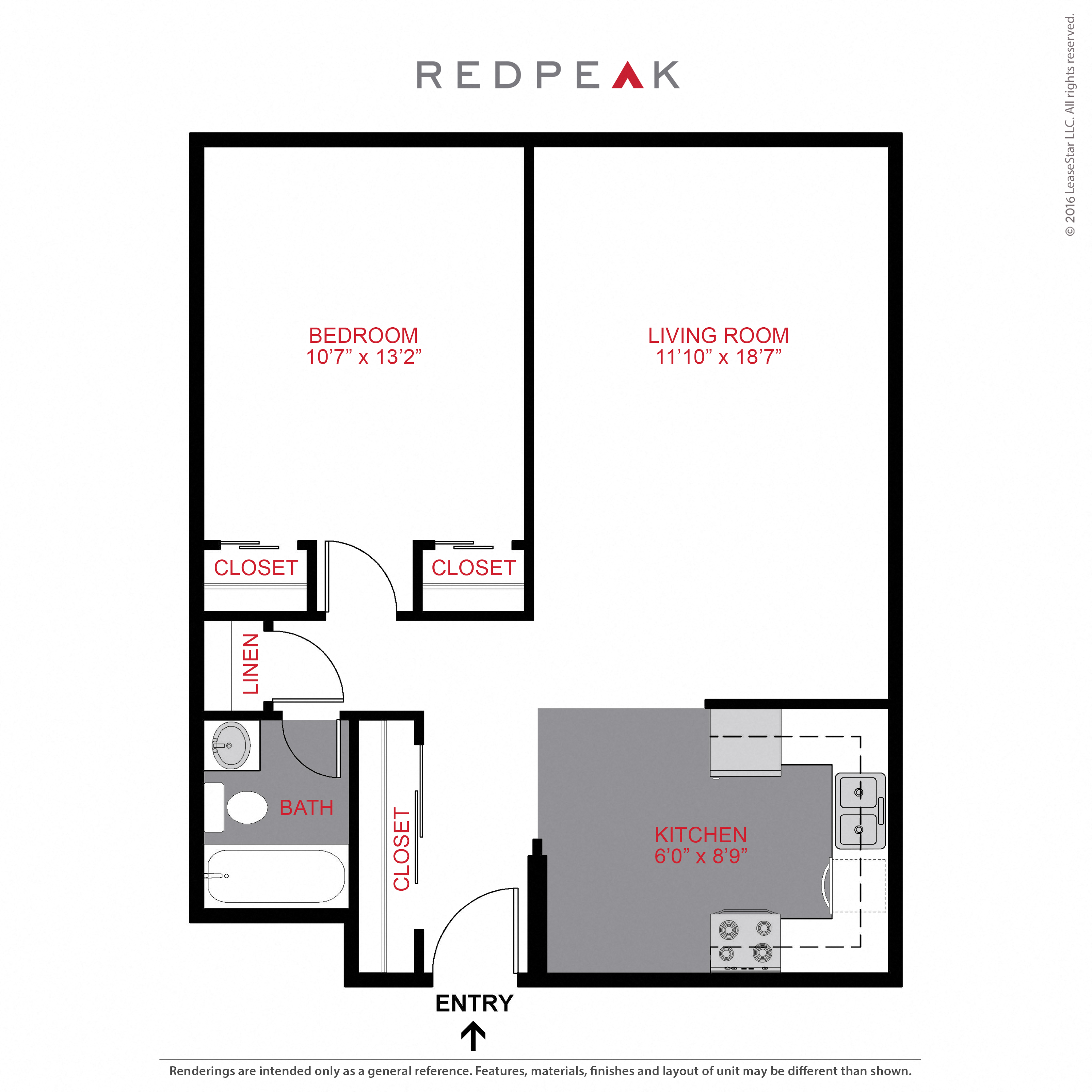 Floor plan for 1 bed, 1 bath, 650 sqft